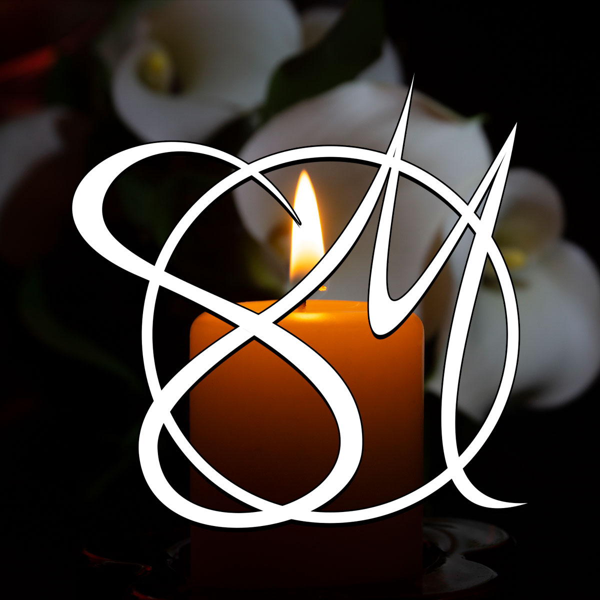 White Sosebee Mortuary logo in front of lit candle with dark background.