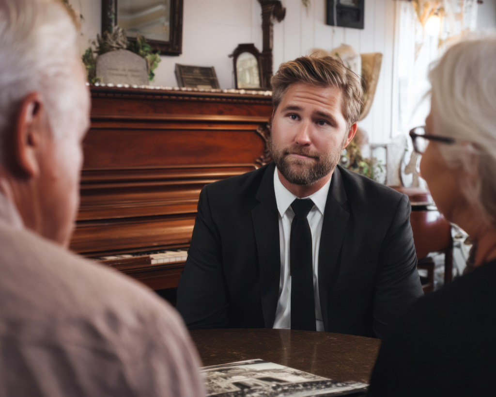 Funeral director meeting with an elderly couple in a warmly lit room, discussing burial and cremation arrangements in south Carolina.