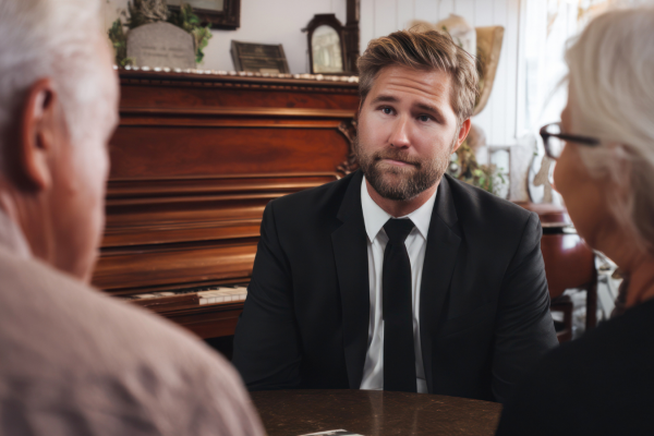Funeral director meeting with an elderly couple in a warmly lit room, discussing burial and cremation arrangements in south Carolina.