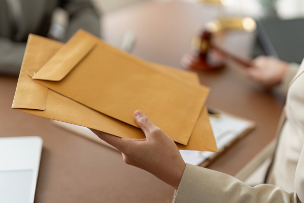 A close-up shot focusing on a person in a beige blazer holding two manila envelopes over a wooden desk in a legal setting. In the blurred background, another individual in a suit sits across the desk, and a legal gavel is visible.